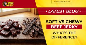 Soft and chewy beef jerky shown side by side