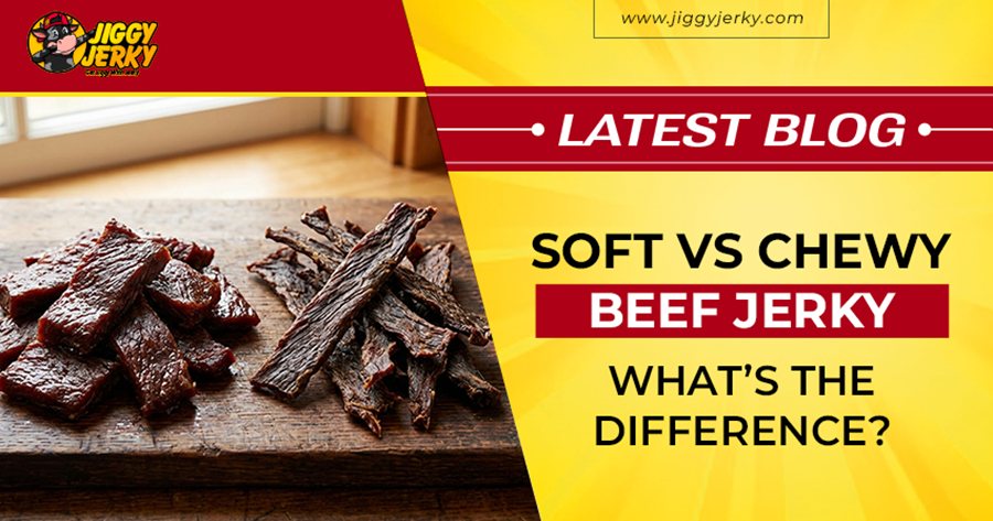 Soft and chewy beef jerky shown side by side
